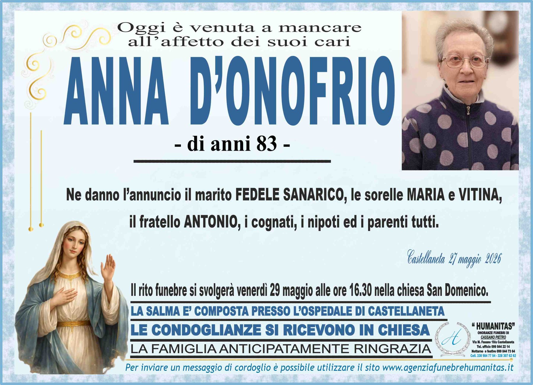 Manifesto funebre di Anna D'Onofrio