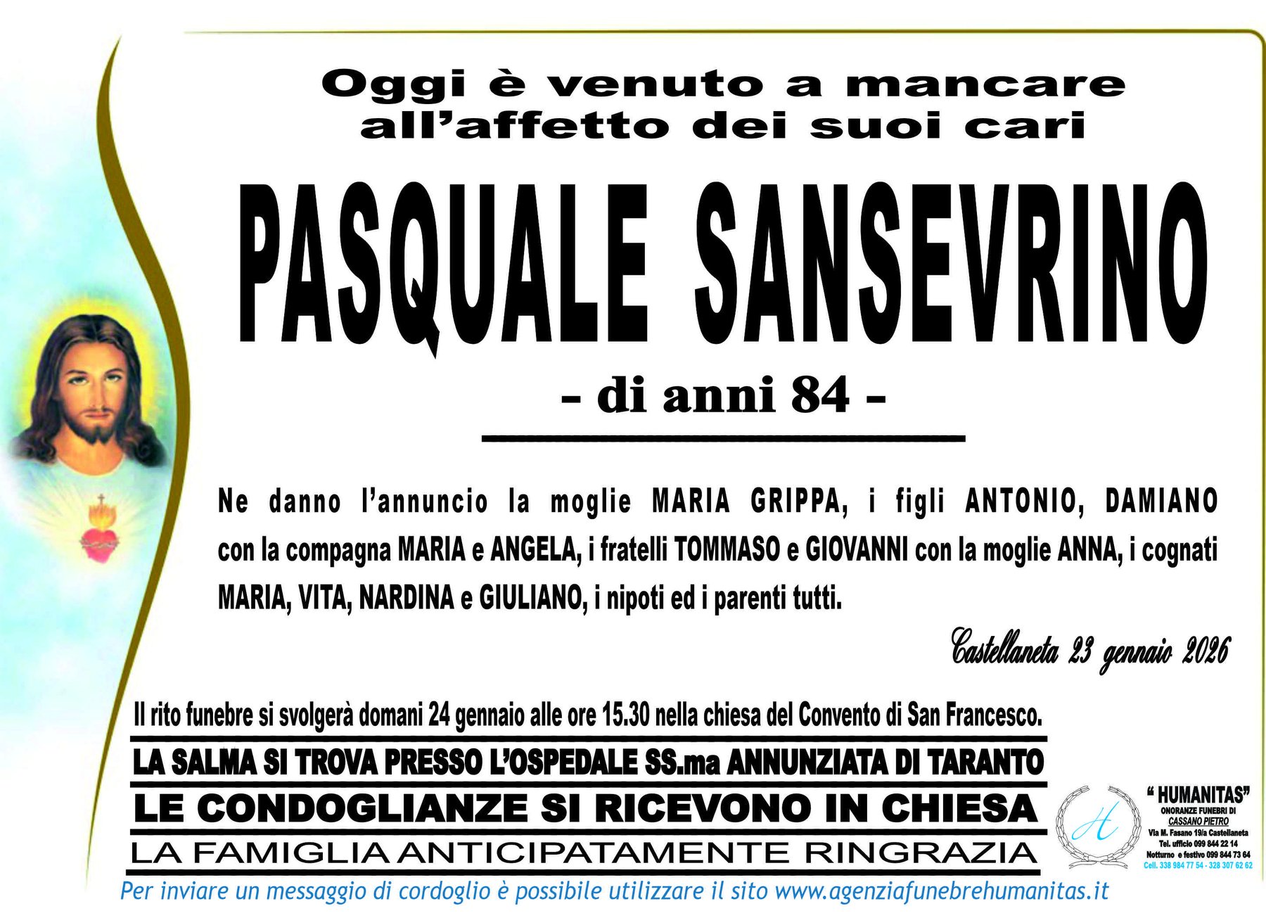 Manifesto funebre di Pasquale Sansevrino