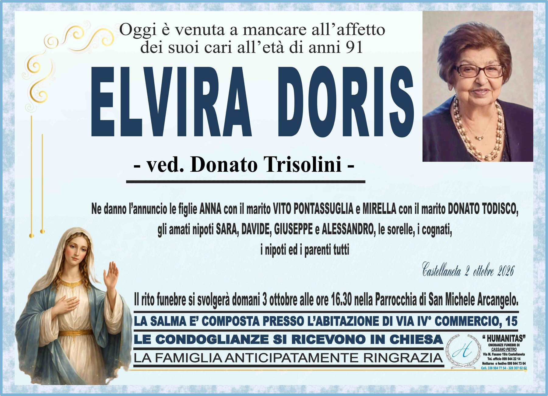 Manifesto funebre di Elvira Doris
