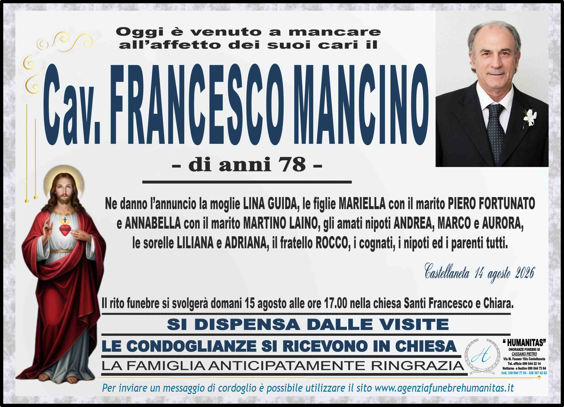 Manifesto funebre di Cav. Francesco Mancino