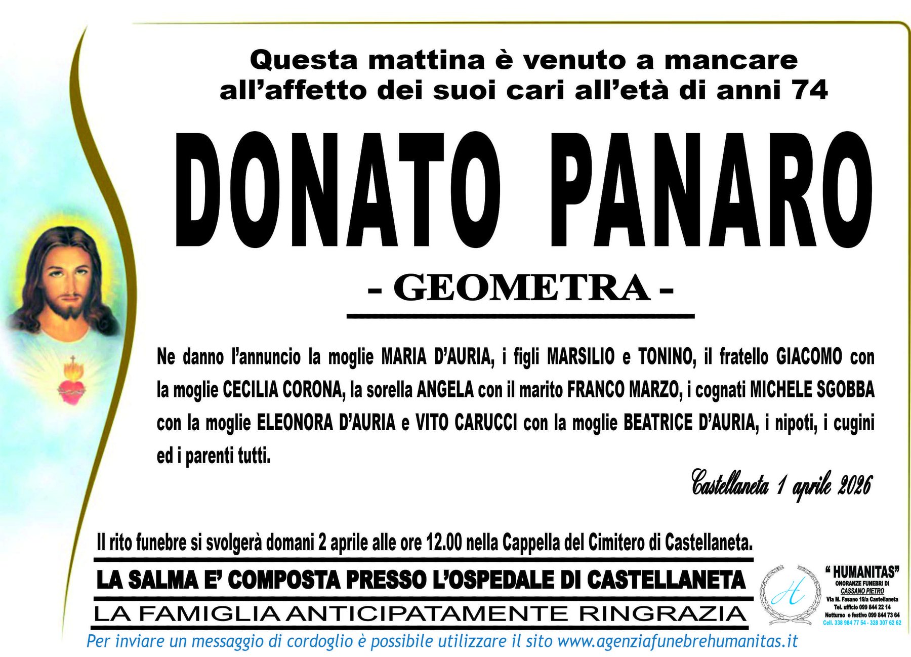 Manifesto funebre di Donato Panaro