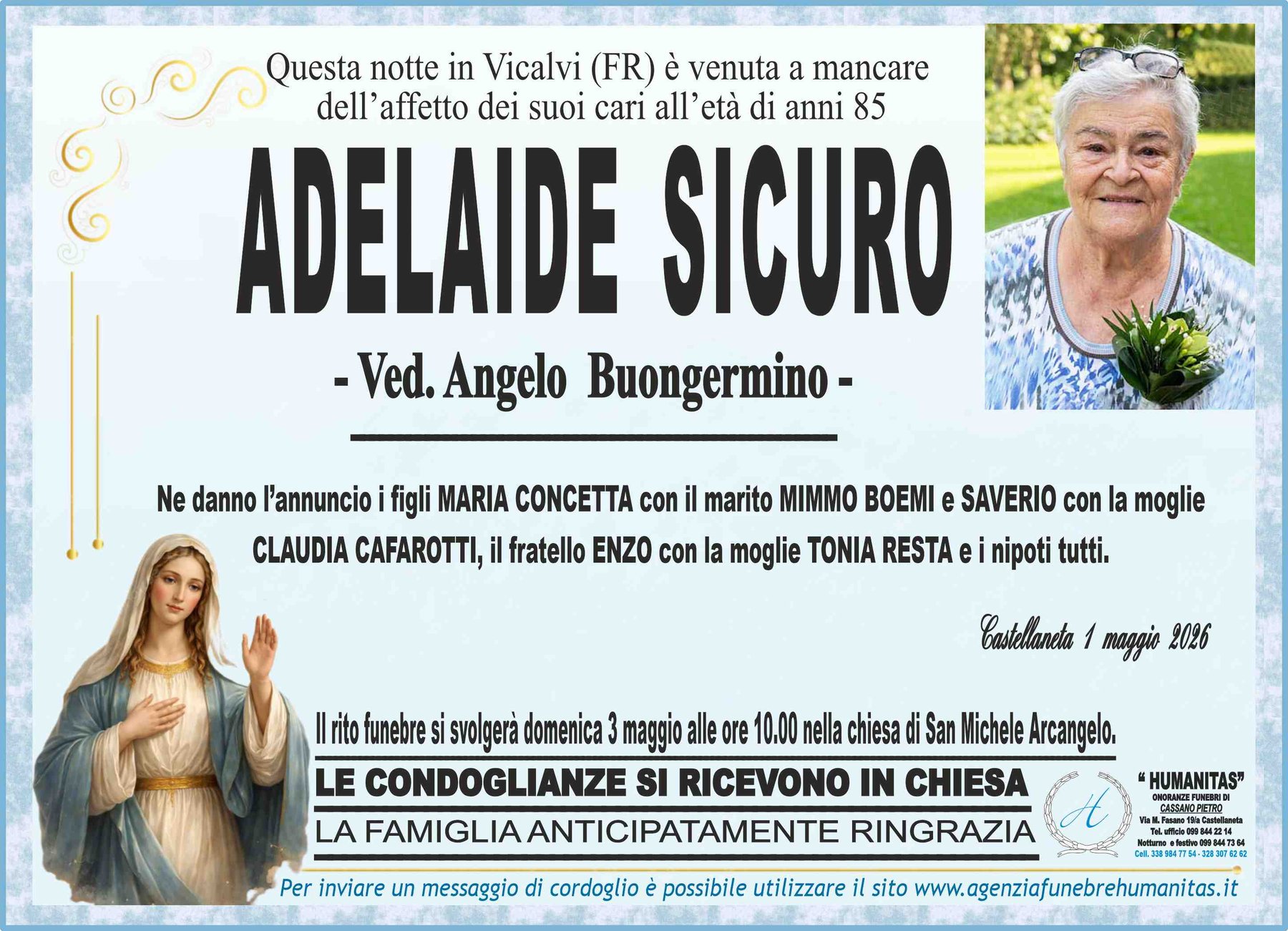 Manifesto funebre di Adelaide Sicuro