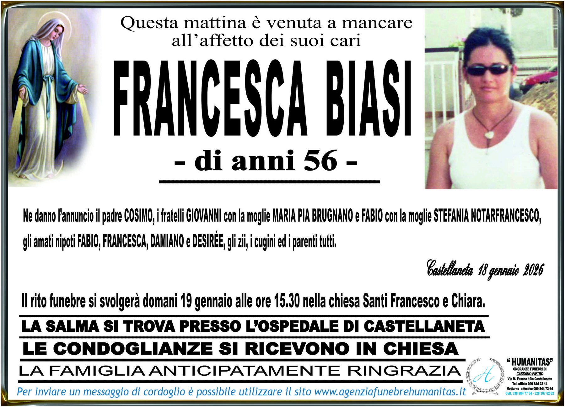 Manifesto funebre di Francesca Biasi