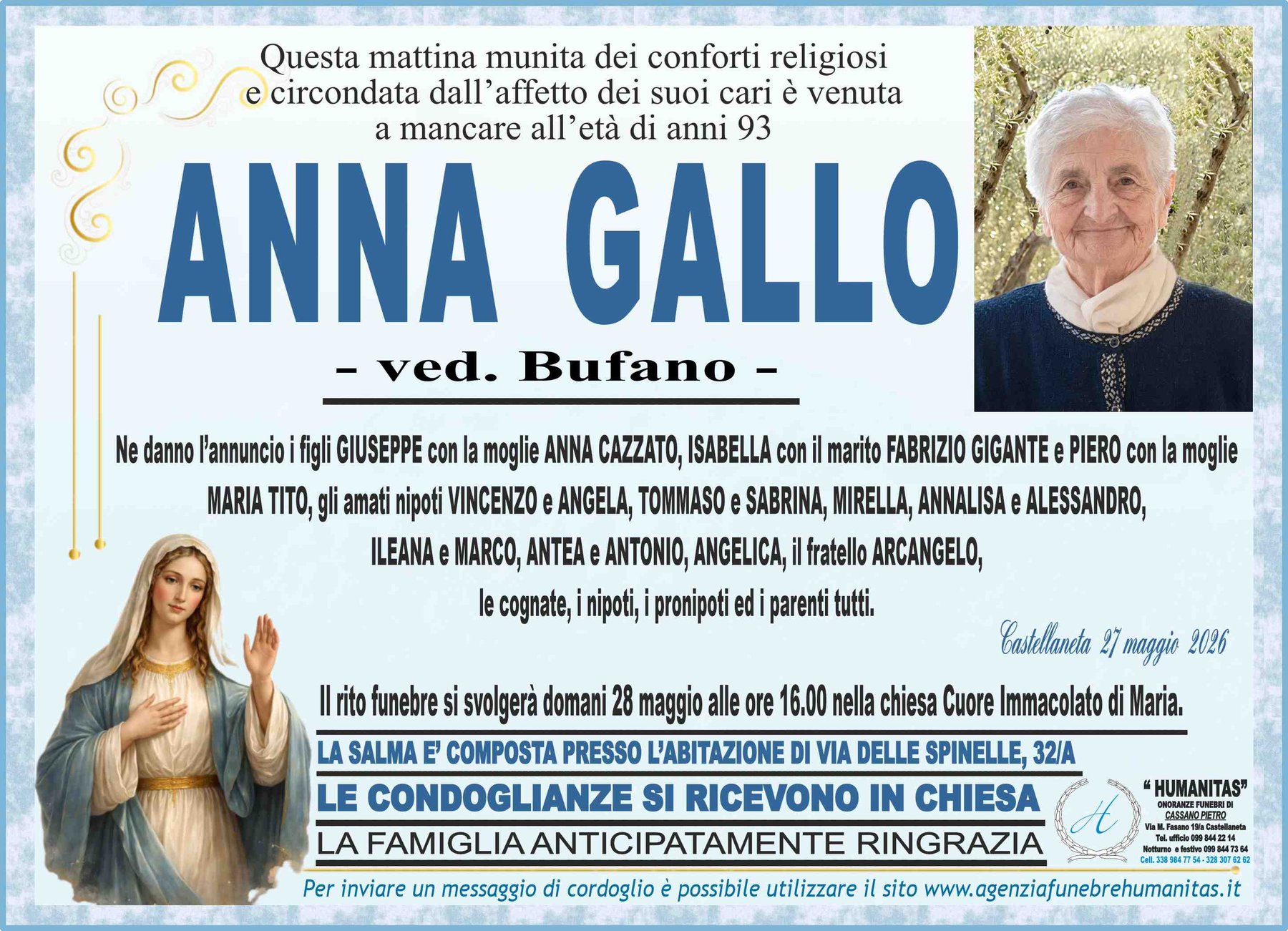 Manifesto funebre di Anna Gallo