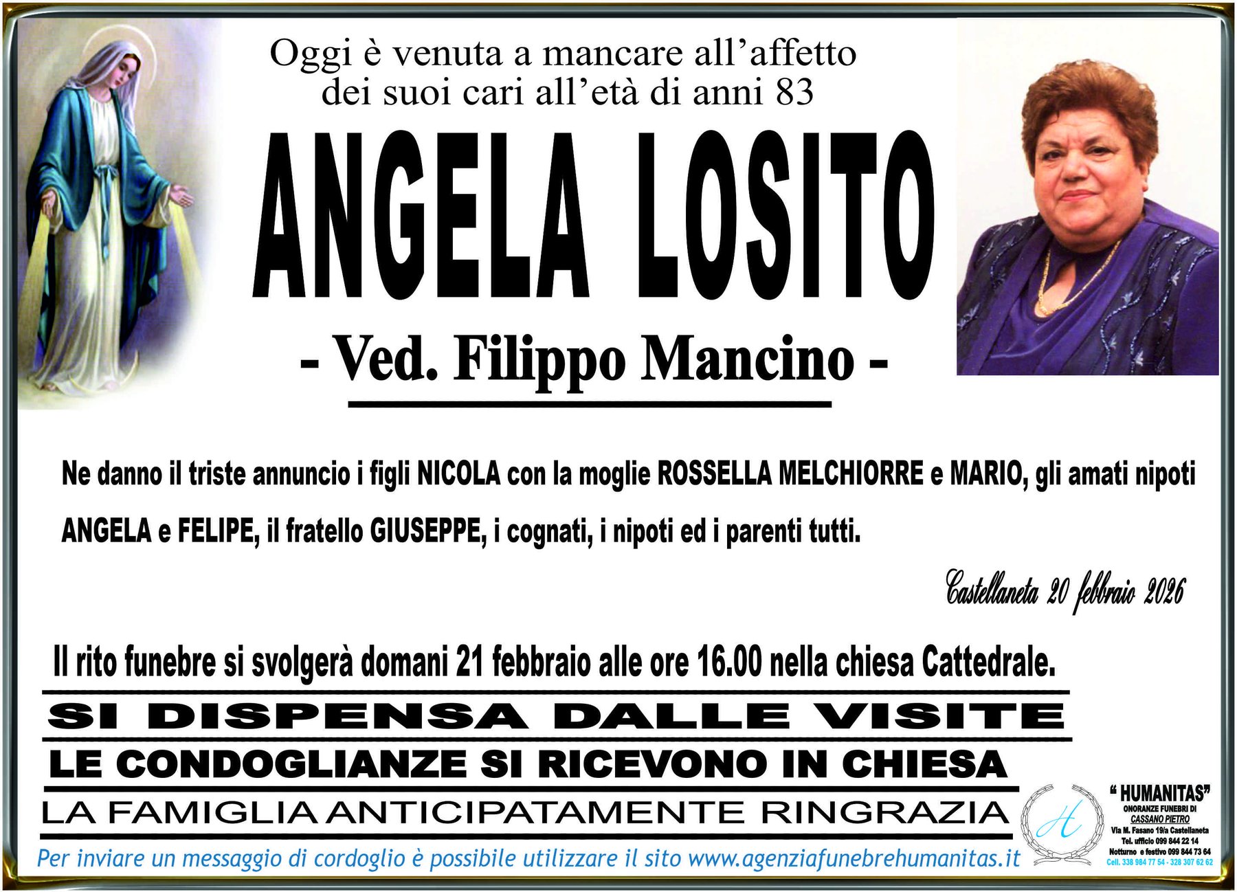 Manifesto funebre di Angela Losito
