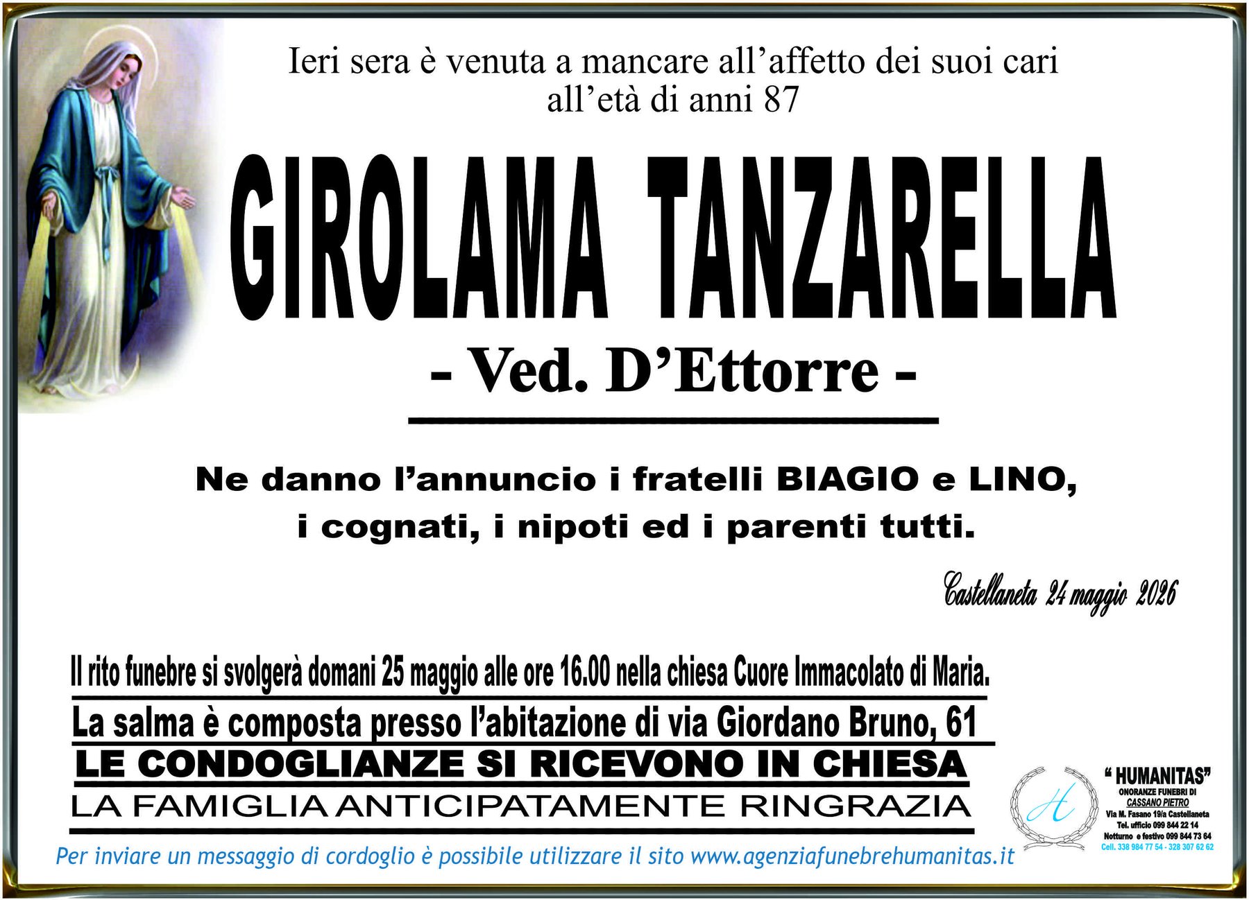 Manifesto funebre di Girolama Tanzarella