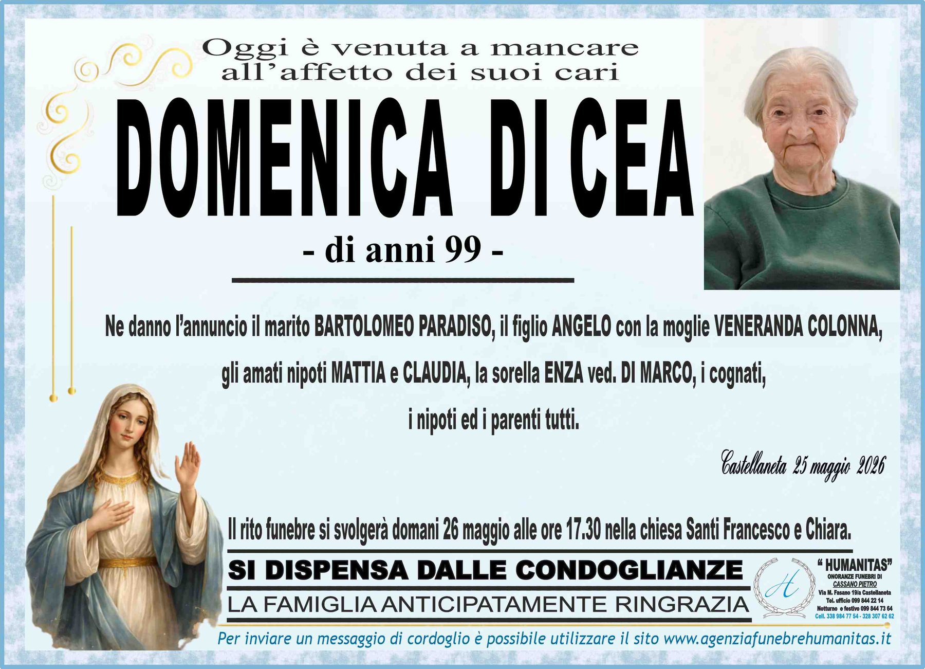 Manifesto funebre di Domenica Di Cea