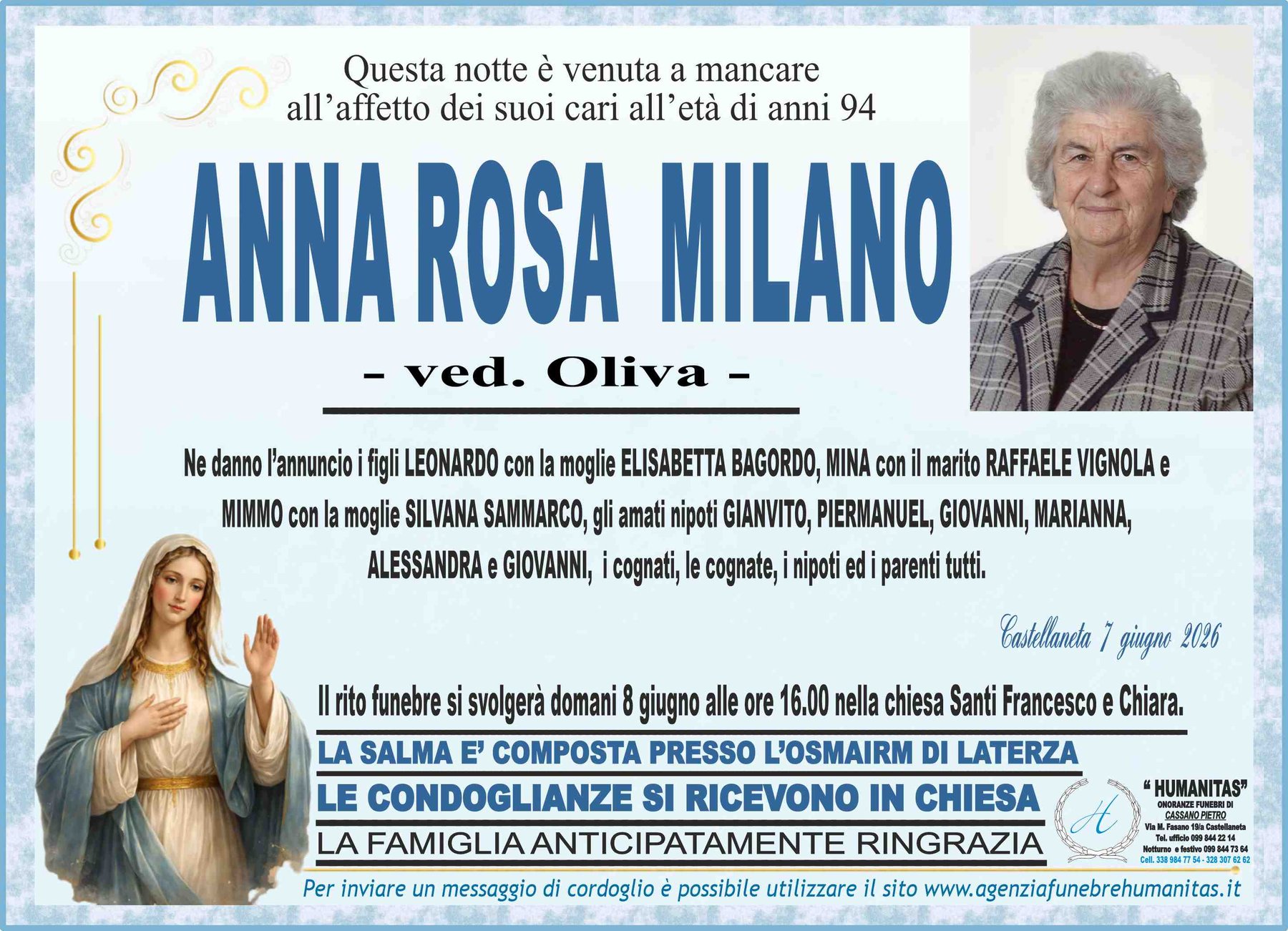Manifesto funebre di Anna Rosa Milano