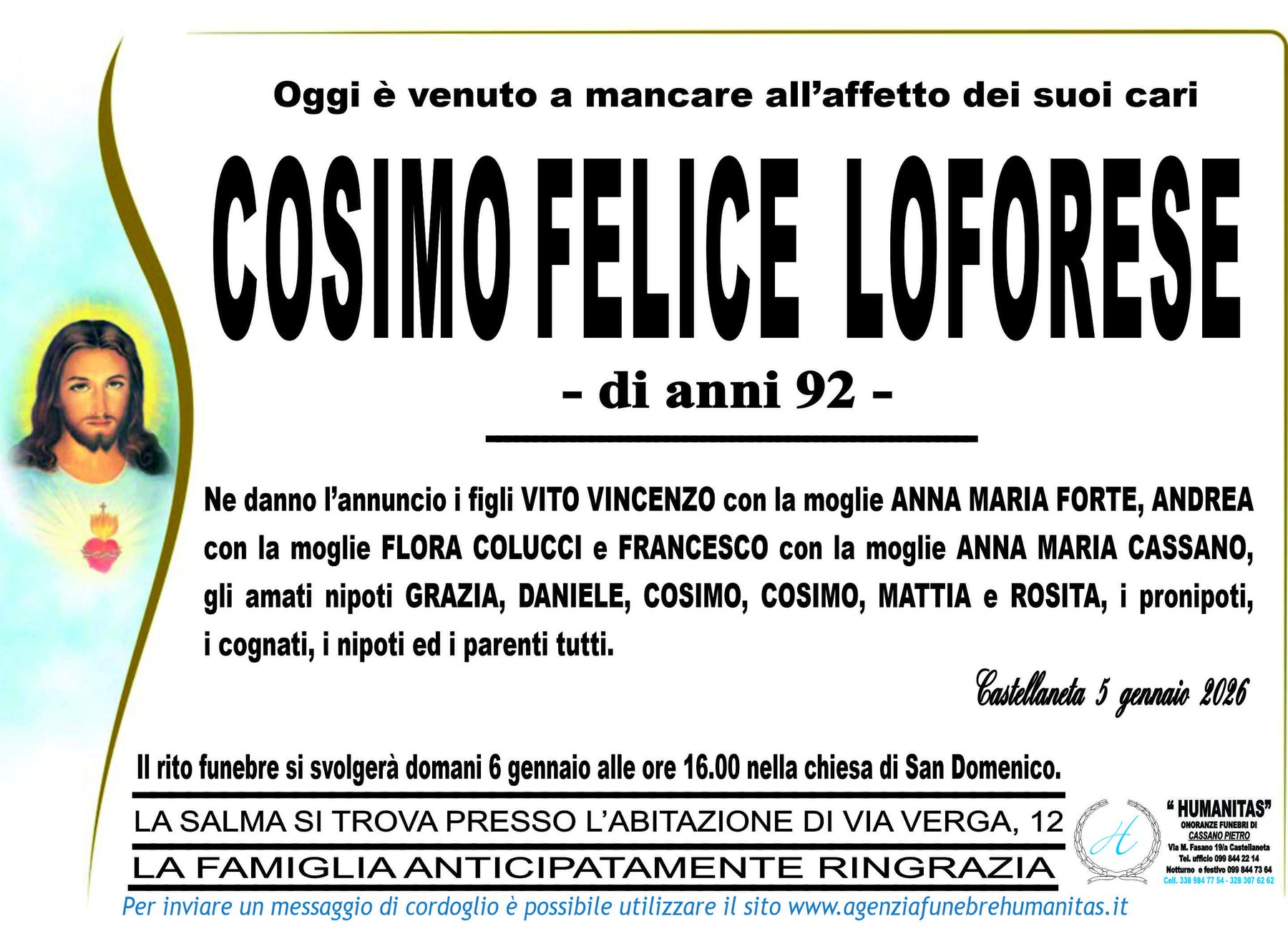 Manifesto funebre di Cosimo Felice Loforese